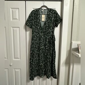 Pact organic cotton green leaves midi wrap dress —size L NEW WITH TAGS